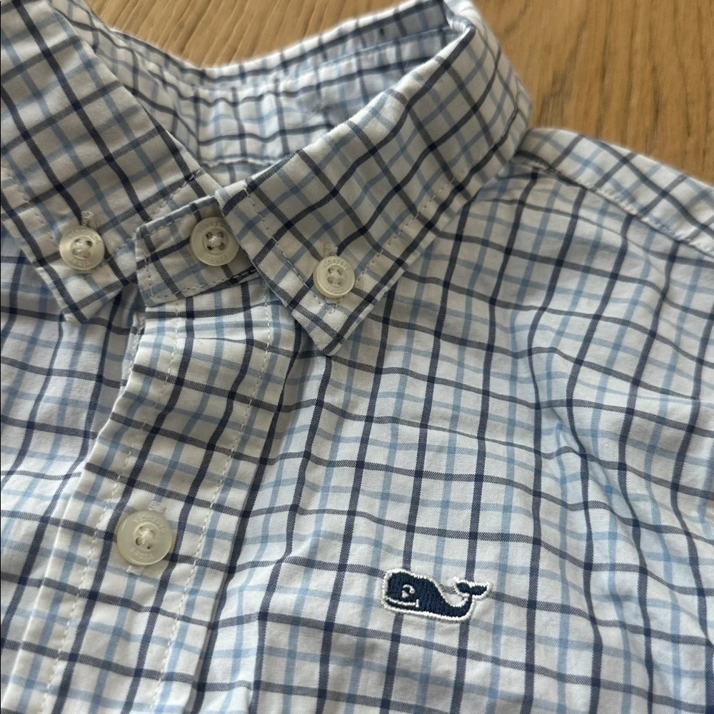 Vineyard vines Blue and White Checkered Button-Up whale Shirt 3T